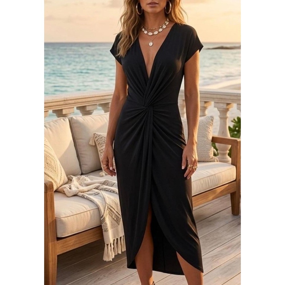 Rolla Coster Los Angeles Black Deep V-Neck Twist Front Maxi Dress RC-4179 M